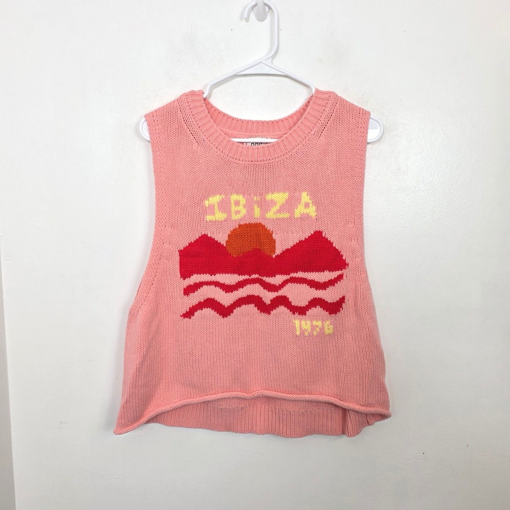 BDG Urban Outfitters Coral Ibiza Destination Graphic Knit Sweater Vest Top Sz L